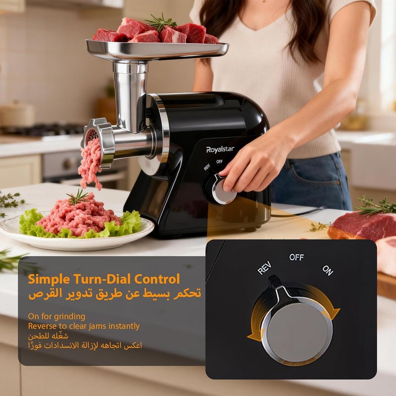 Royalstar Electric Meat Grinder and Chopper, Fast and Automatic Chopper with 3 Cutting Plates, Reverse Function, Sausage Stuffing Tubes and Kebbeh Kebab Maker Attachment for Home Kitchen - Image 4