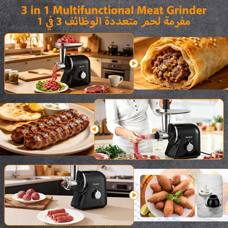 Royalstar Electric Meat Grinder and Chopper, Fast and Automatic Chopper with 3 Cutting Plates, Reverse Function, Sausage Stuffing Tubes and Kebbeh Kebab Maker Attachment for Home Kitchen - Image 2