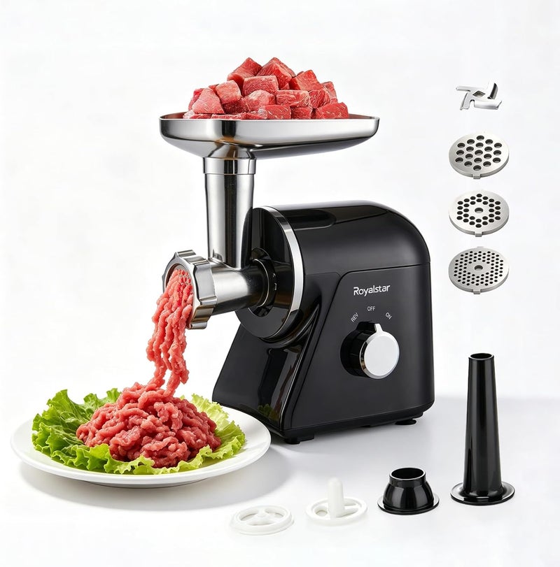 Royalstar Electric Meat Grinder and Chopper, Fast and Automatic Chopper with 3 Cutting Plates, Reverse Function, Sausage Stuffing Tubes and Kebbeh Kebab Maker Attachment for Home Kitchen - Image 1