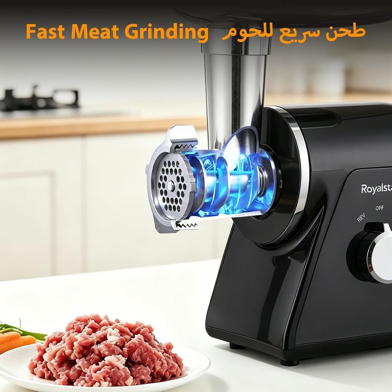 Royalstar Electric Meat Grinder and Chopper, Fast and Automatic Chopper with 3 Cutting Plates, Reverse Function, Sausage Stuffing Tubes and Kebbeh Kebab Maker Attachment for Home Kitchen - Image 5