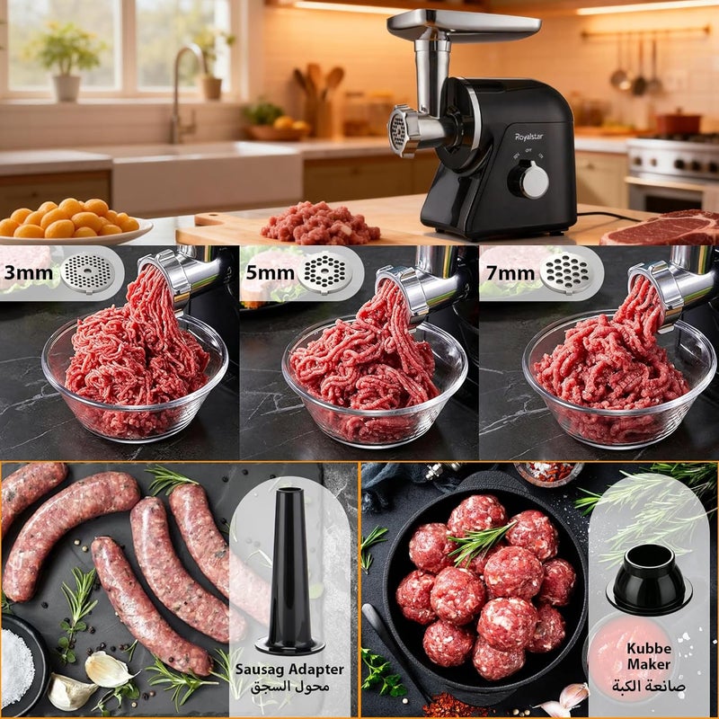 Royalstar Electric Meat Grinder and Chopper, Fast and Automatic Chopper with 3 Cutting Plates, Reverse Function, Sausage Stuffing Tubes and Kebbeh Kebab Maker Attachment for Home Kitchen - Image 3