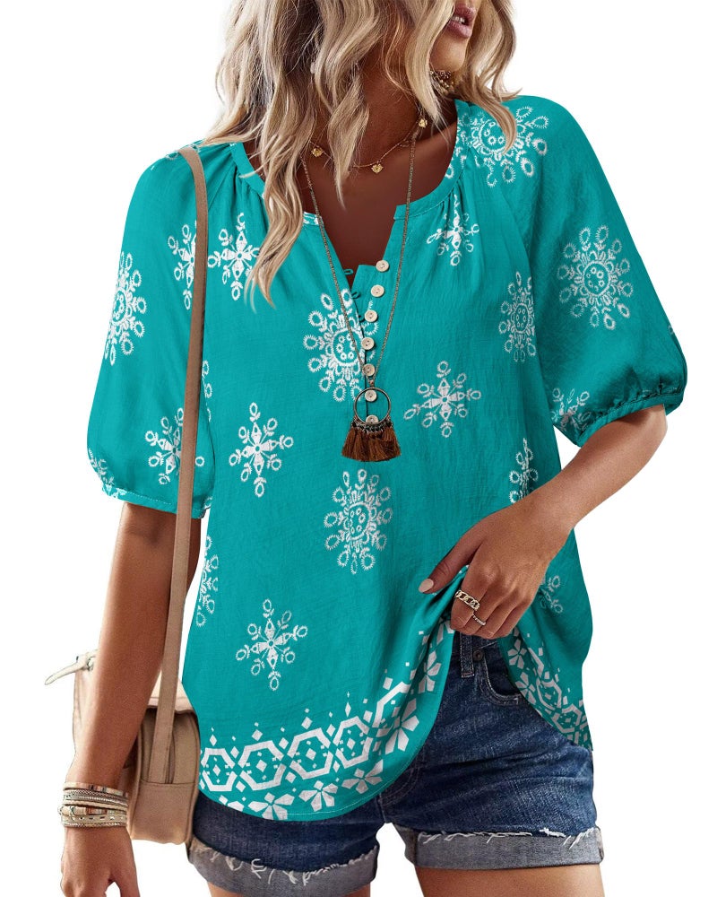 Unixseque Womens Tops Dressy Casual: Womens Blouses Floral Print Trendy - Peasant Blouses for Women - Dressy Tops for Women Vacation Outfits Short Sleeve Ladies Shirts Light Blue XL - Image 2