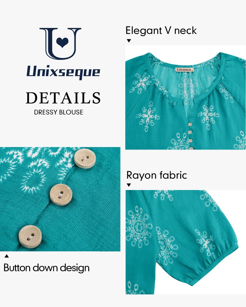 Unixseque Womens Tops Dressy Casual: Womens Blouses Floral Print Trendy - Peasant Blouses for Women - Dressy Tops for Women Vacation Outfits Short Sleeve Ladies Shirts Light Blue XL - Image 4
