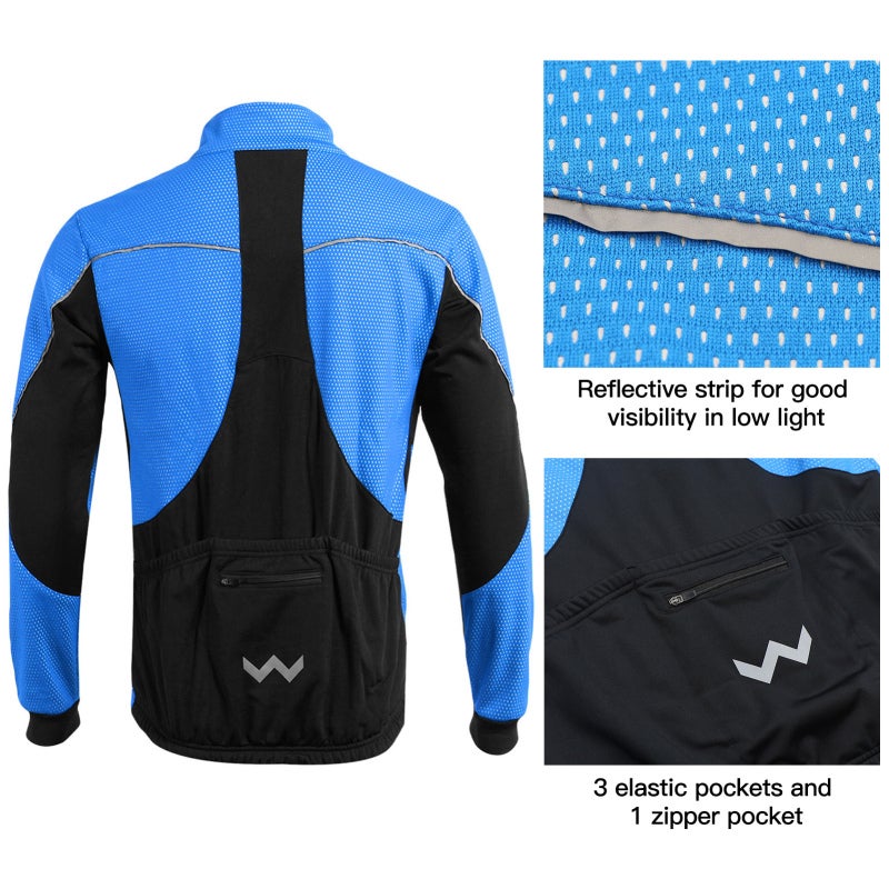 ARSUXEO Cycling Jersey Set: Blue Size S, Superior Wind Water Resistance Polyester Shell, Warm Soft Fleece Lining - Breathable Spandex Back, Full Length Zipper, Zippered Pockets for Men Cold Winter Cycling - Image 4