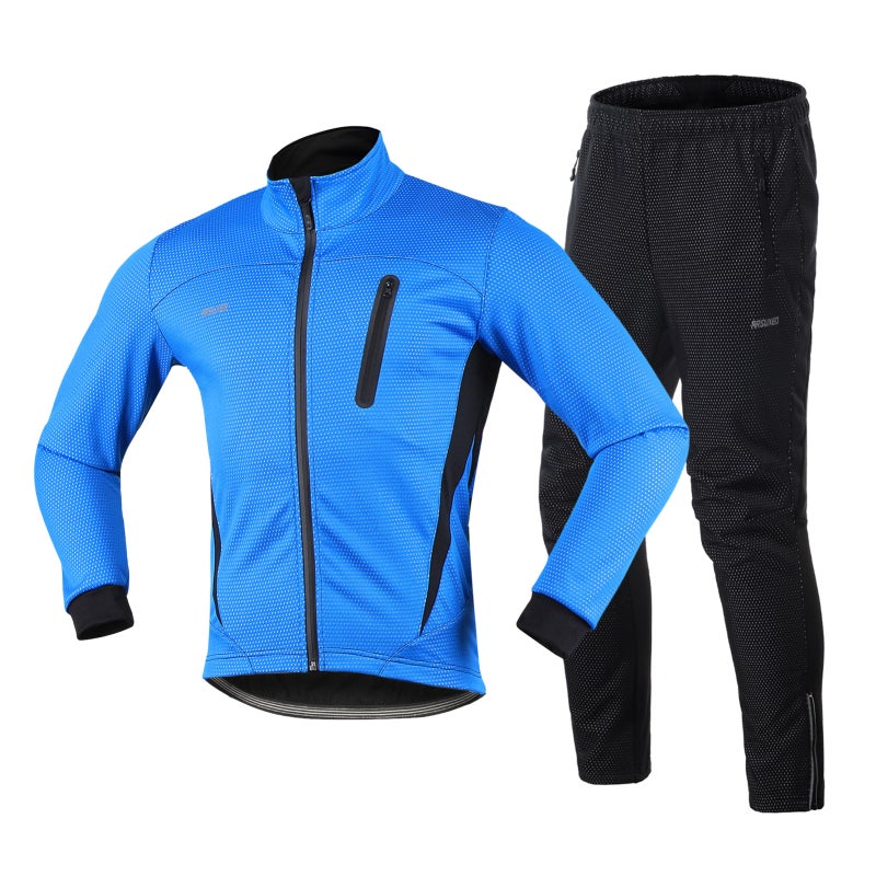 ARSUXEO Cycling Jersey Set: Blue Size S, Superior Wind Water Resistance Polyester Shell, Warm Soft Fleece Lining - Breathable Spandex Back, Full Length Zipper, Zippered Pockets for Men Cold Winter Cycling - Image 1