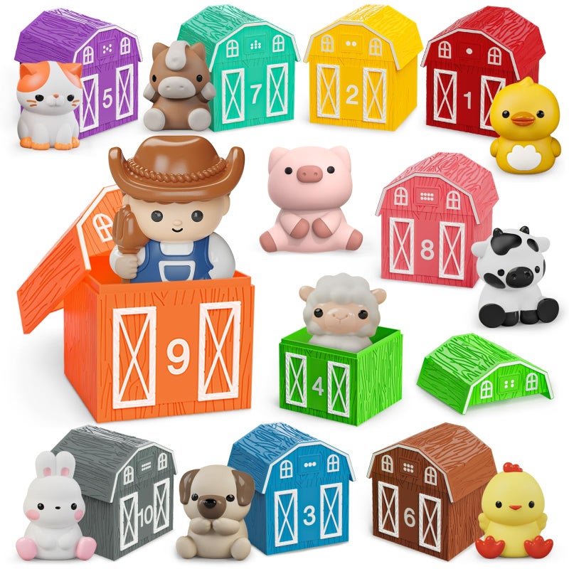 AuroTops Learning Toy for Toddlers 1 2 3+ Years Old, 20 PCS Farm Animal Barn playset & Finger Puppets, Montessori toys for Kids,10 Animals & 10 Barns for Babies Boys Girls Easter Christmas Birthday Gift - Image 1