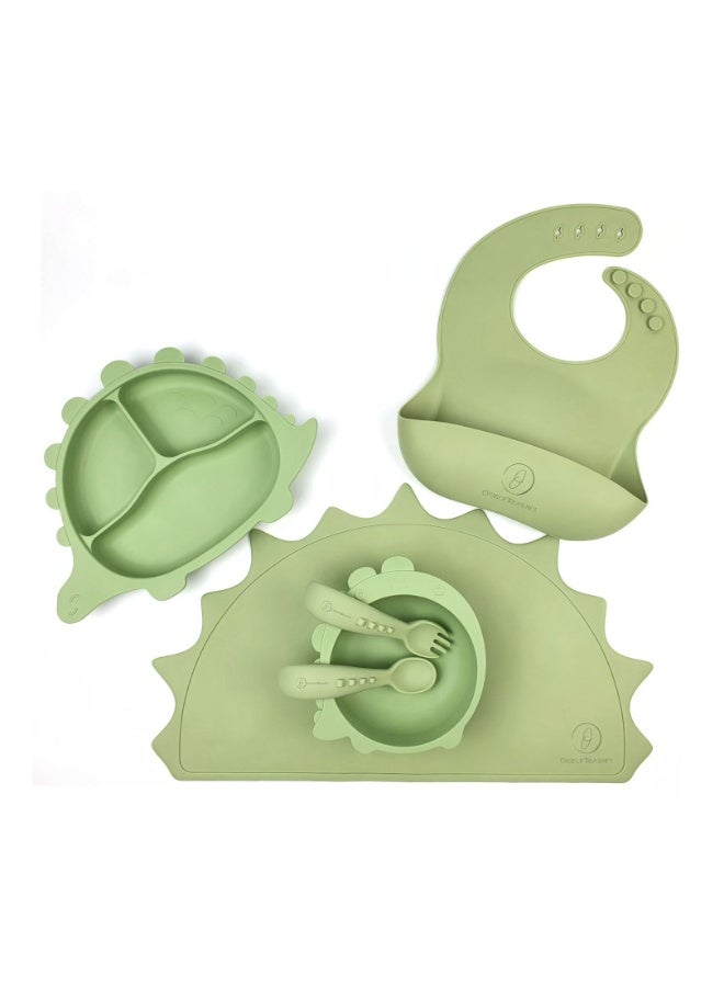 Oasis of Treasures – (6 Pieces) Premium Silicone Baby Feeding Set, Baby Led Weaning (Dinosaur, Olive)