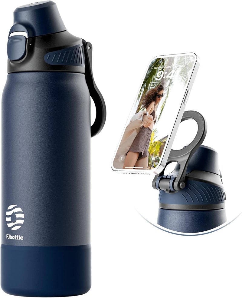 FjBottle Thermal Water Bottle with Straw, Magnetic Handle Phone Holder + Double Drinking System Sports Bottle 1L/700/600 ml – 1 Click Opening/BPA/Leak Free for Gym, Yoga - Image 1