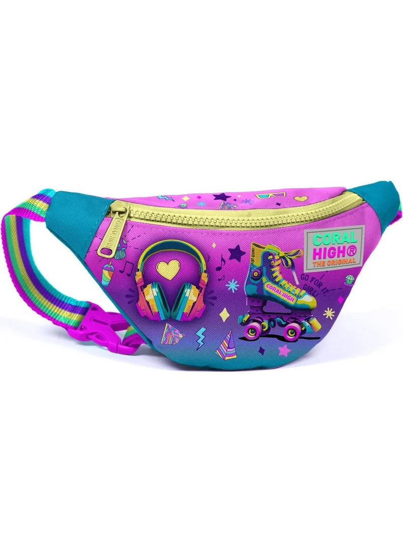 كورال هاي Kids Pink Turquoise Headphone Skate Pattern Waist Bag 11506
