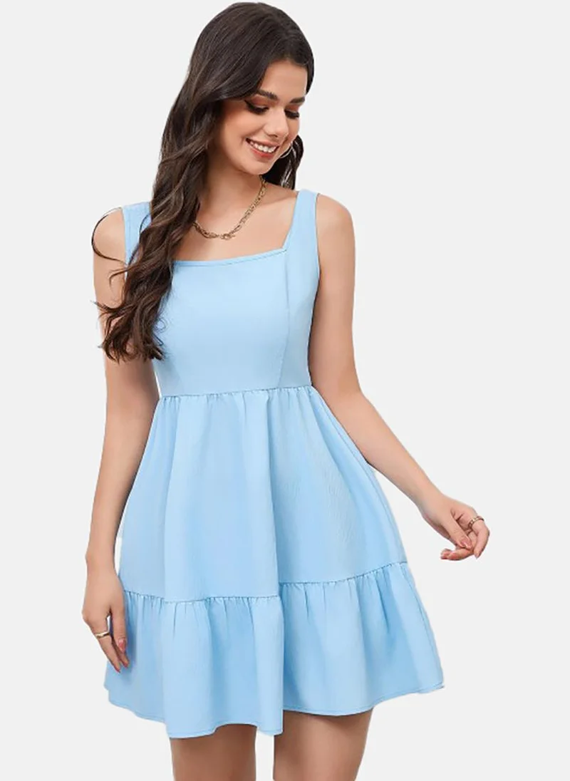 يونيكي Blue Solid Sleeveless Square Neck Mini Fit & Flare Dress