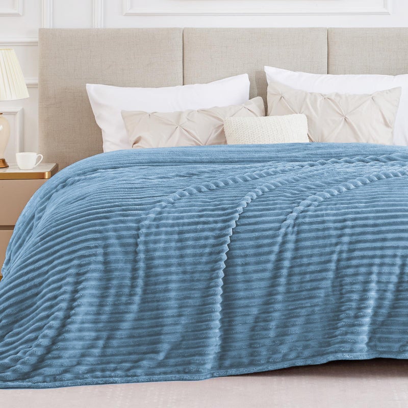 BEDELITE Full Size Throw Blanket for Bed - 300GSM Soft & Warm Fluffy Light Blue Blanket  Decorative and Giftable Striped Blankets for Women  Men  84""x90"" - Image 1