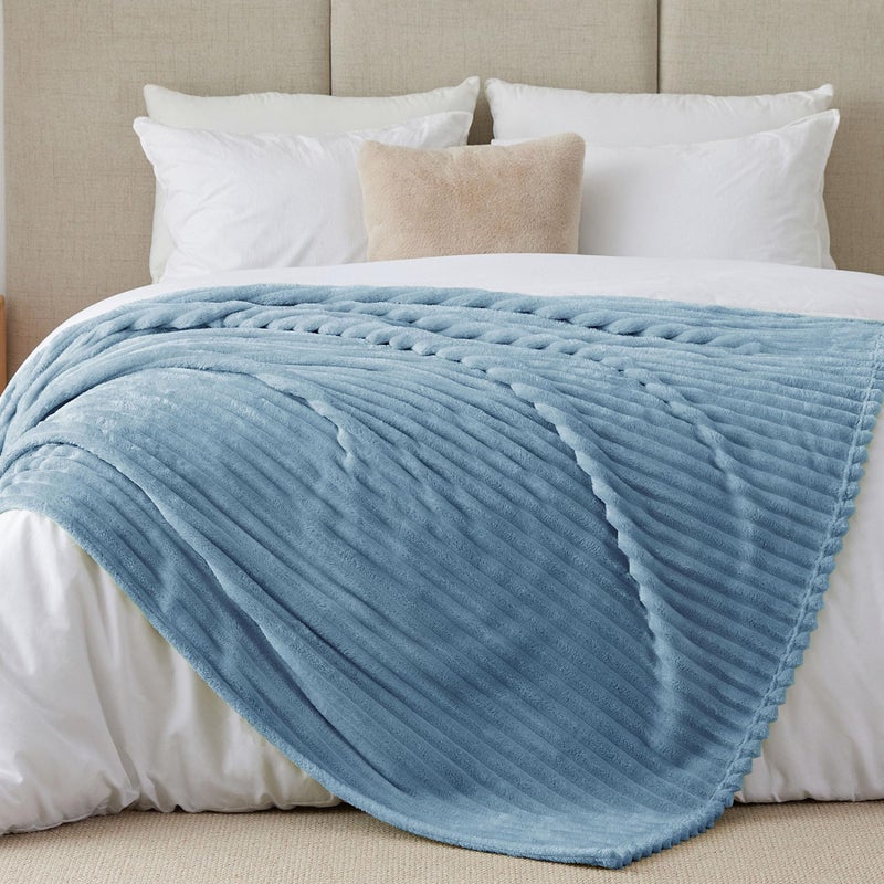 BEDELITE Full Size Throw Blanket for Bed - 300GSM Soft & Warm Fluffy Light Blue Blanket  Decorative and Giftable Striped Blankets for Women  Men  84""x90"" - Image 2
