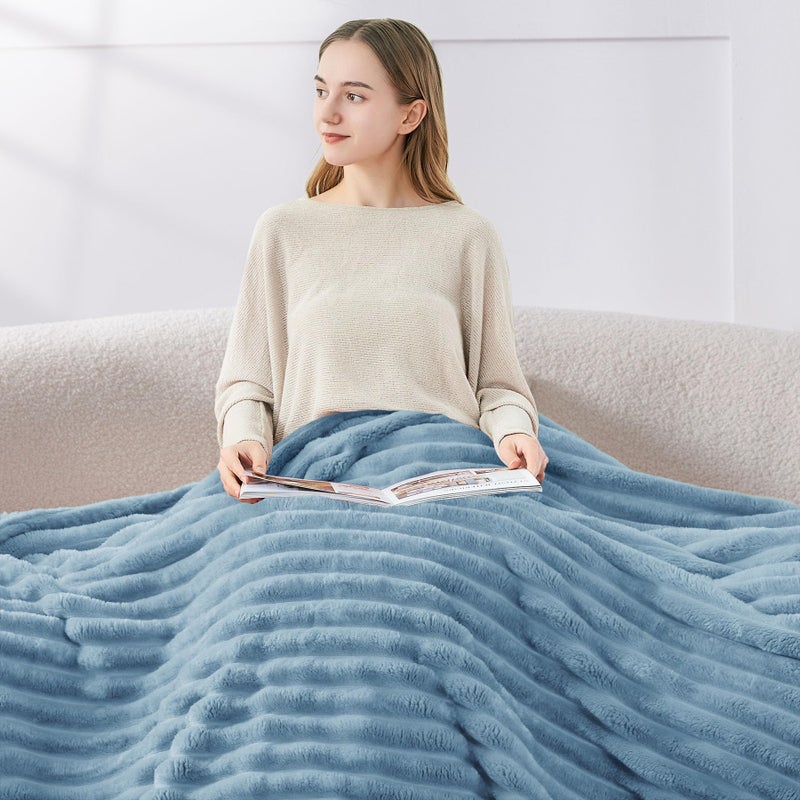 BEDELITE Full Size Throw Blanket for Bed - 300GSM Soft & Warm Fluffy Light Blue Blanket  Decorative and Giftable Striped Blankets for Women  Men  84""x90"" - Image 3