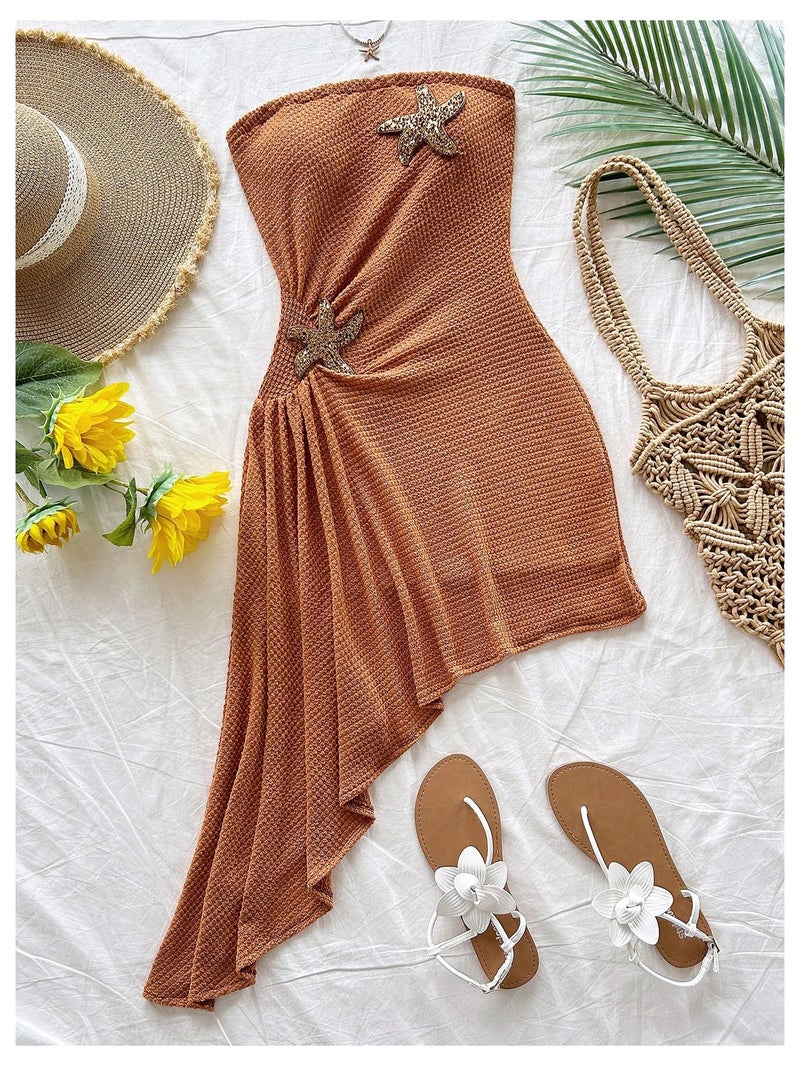 Floerns Women's Summer Sundress Metal Starfish Asymmetrical Hem Tube Beach Vacation Clothes Orange Small - Image 2