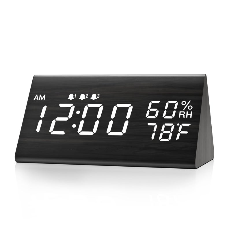 Jall Digital Alarm Clock, with Wooden Electronic LED Time Display, 3 Alarm Settings, Humidity & Temperature Detect, Wood Made Electric Clocks for Bedroom, Bedside (Black) - Image 1