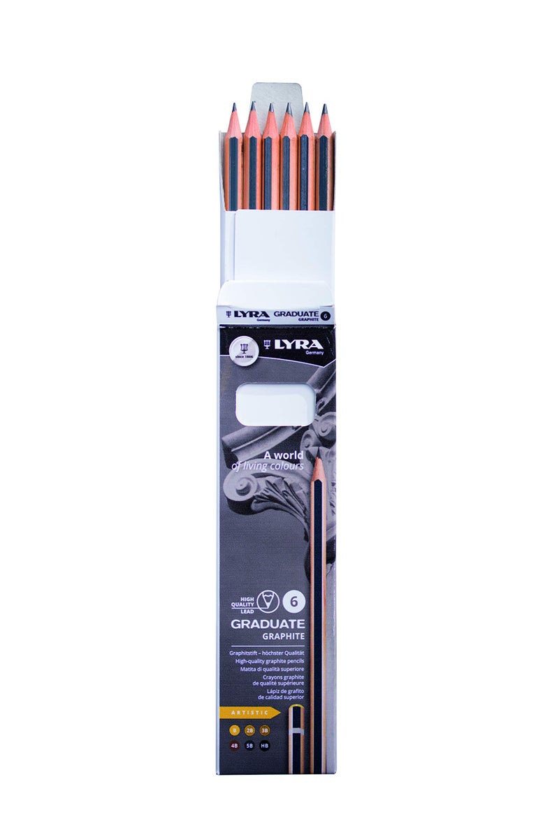 LYRA Graduate Graphite Pencils, 6 Pieces, Assorted Grades, Lead, Artistic Drawing, Cardboard Box, Ideal for Student Artists & Schools - Image 1