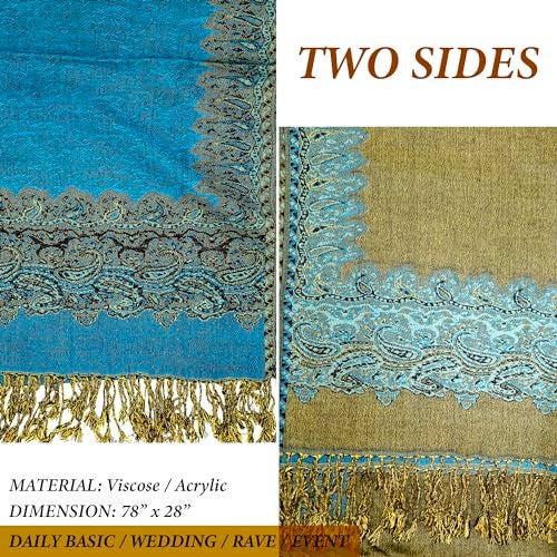Achillea Soft Silky Reversible Paisley Pashmina Shawl Wrap Scarf w/Fringes (Border Turquoise) - Image 3