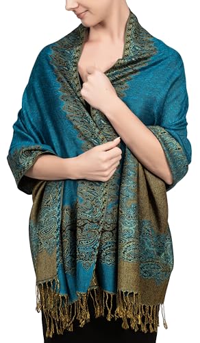 Achillea Soft Silky Reversible Paisley Pashmina Shawl Wrap Scarf w/Fringes (Border Turquoise) - Image 1