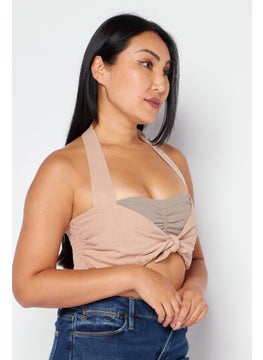 NOMAD Women Tie Neck Sleeveless Embroidered Logo Top, Tan  - Image 4