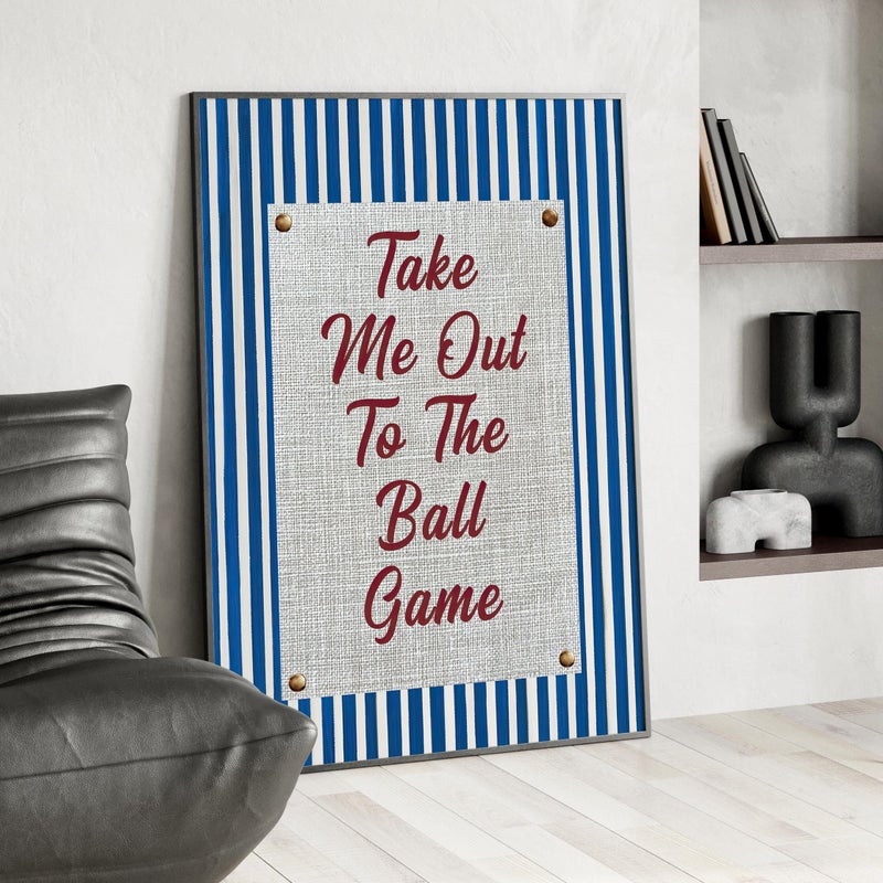 TNESSENTIAL Blue Take Me Out To The Ball Game Wall Art Poster or Canvas Print, Vintage Baseball Wall Art, Americana Striped Decor, Sports Nursery Print - Image 1