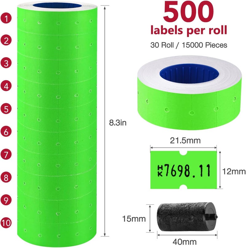 KPX 30 Rolls 15000pcs White Price Gun Labels for Mx-5500 Labeller White Pricemarker Stickers Plus 3 Piece Refill Ink Rolls (Green) - Image 2