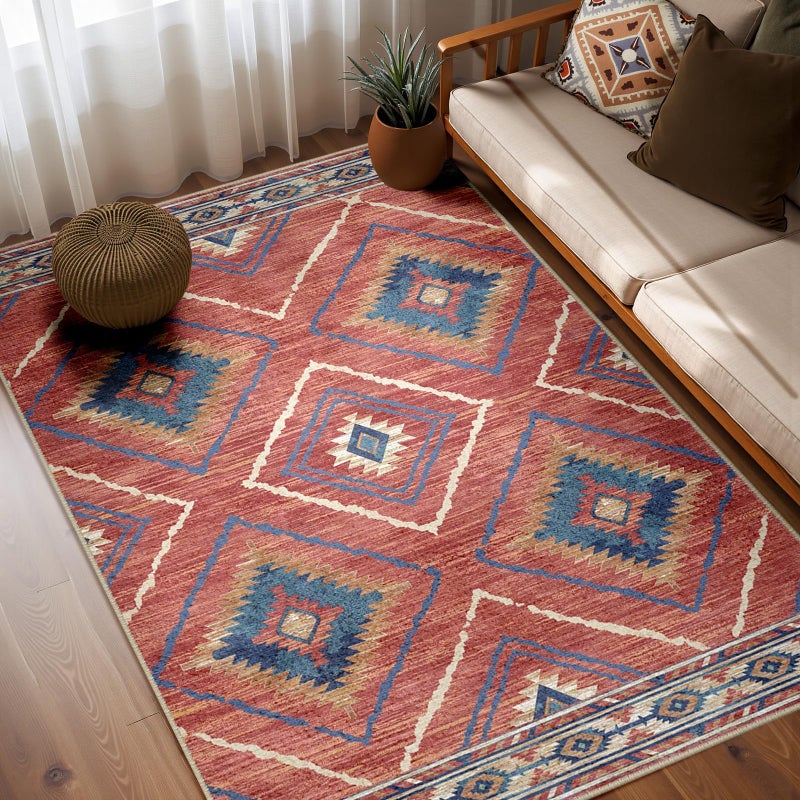 Area Rug 5x7 Rug Machine Washable NonSlip Low Pile Print Pattern Western Rug for Living Room Bedroom Entryway Tribal Series RedOrange