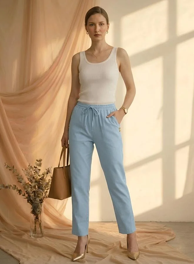 Mish Blue Drawstring Button Details Straight Fit Trouser