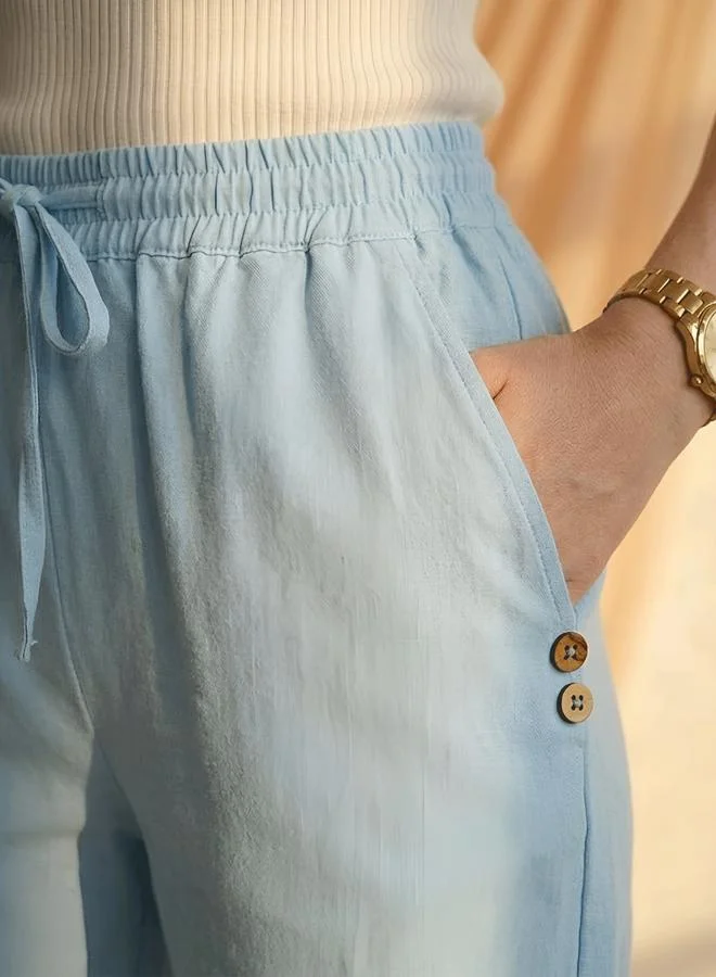 Mish Blue Drawstring Button Details Straight Fit Trouser