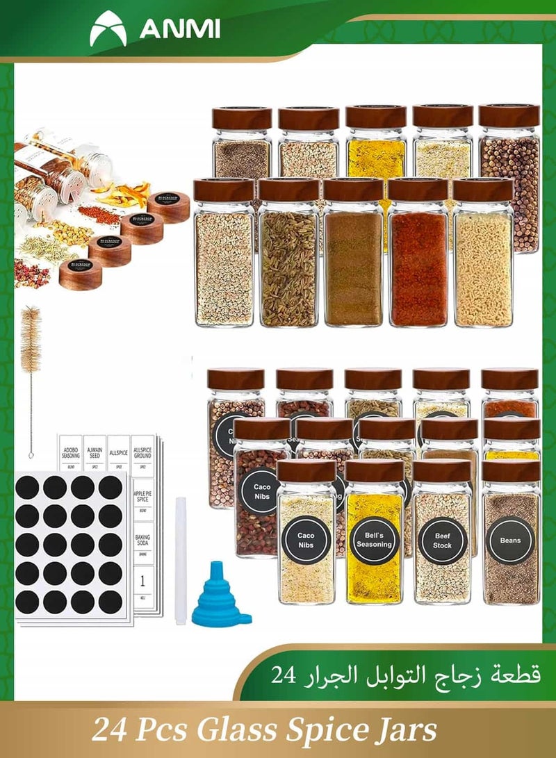 أنمي 24 قطعة برطمانات توابل زجاجية مع ملصقات-4 أوقية غطاء خشب أكاسيا-حاويات توابل مربعة مع ملصقات توابل مزرعة بسيطة وقمع قابل للطي - زجاجات تخزين التوابل لرف توابل ، خزانة ، درج - Image 1