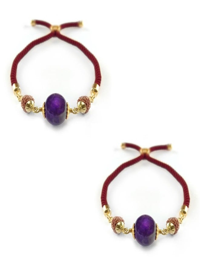 Chitshakti Semi-Precious Stone Amethyst Rakhi for Brother with Sacred Rudraksha with Exquisite Red Thread (Pack of 2)| Traditional Rakhi Set | Adjustable Clasp | Rakhi Combo for Brother and Bhabhi - Image 1