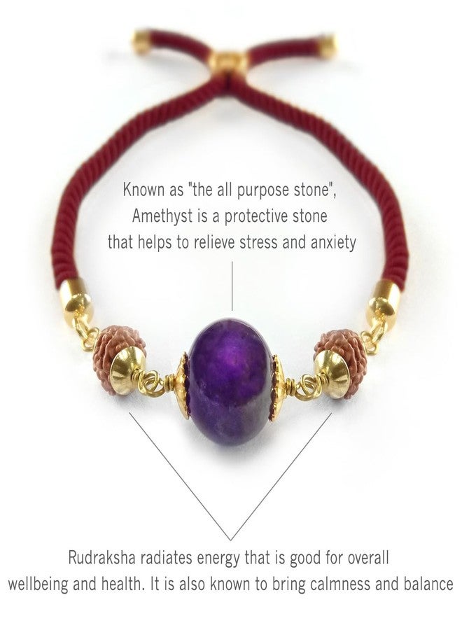 Chitshakti Semi-Precious Stone Amethyst Rakhi for Brother with Sacred Rudraksha with Exquisite Red Thread (Pack of 2)| Traditional Rakhi Set | Adjustable Clasp | Rakhi Combo for Brother and Bhabhi - Image 3