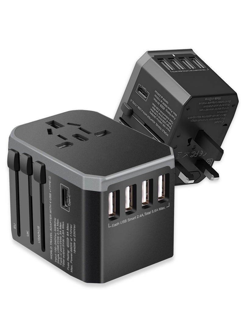 TKOOFN Universal International Power Travel Plug Adapter, 6 in 1 European Travel Plug Adapter with 4 USB-A and 1 USB C Wall Charger and Worldwide AC Outlet for Europe USA UK AUS Asia Middle East -  Black - Image 1