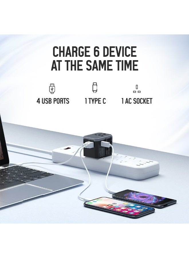 TKOOFN Universal International Power Travel Plug Adapter, 6 in 1 European Travel Plug Adapter with 4 USB-A and 1 USB C Wall Charger and Worldwide AC Outlet for Europe USA UK AUS Asia Middle East -  Black - Image 2