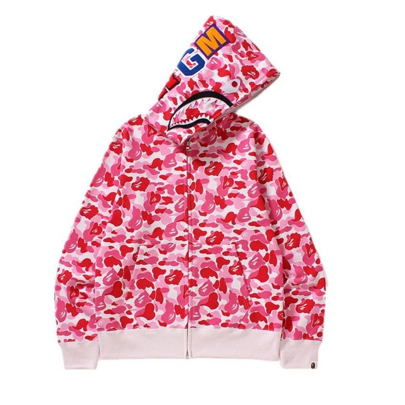 جاكيت كاموفلاج عصري بتصميم مميز من Bape مع طبعة ثلاثية الأبعاد لسمكة القرش، سترة بغطاء رأس وسحاب للرجال والنساء