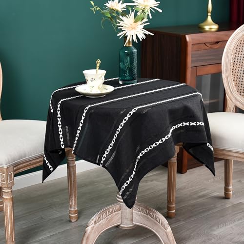 NEWISHER Rustic Farmhouse Embroidered Square Tablecloth Jacquard Striped Table Cloth Linen Texture Washable Dining Table Cover Kitchen Dining Home Decoration Black 36x36 inch - Image 2