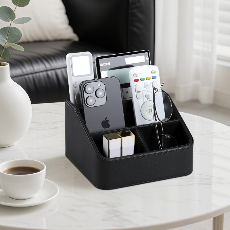 MEIBOOCH Remote Control Holder, PU Leather Small Desk Organizer with 4 Compartments, Nightstand Organizer Desk Caddy for Remote, Notepad, Phone, Glasses, and Accessories (Black) - Image 2