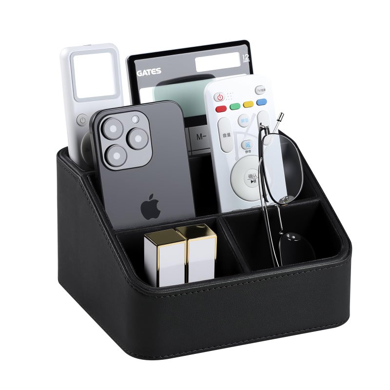 MEIBOOCH Remote Control Holder, PU Leather Small Desk Organizer with 4 Compartments, Nightstand Organizer Desk Caddy for Remote, Notepad, Phone, Glasses, and Accessories (Black) - Image 1