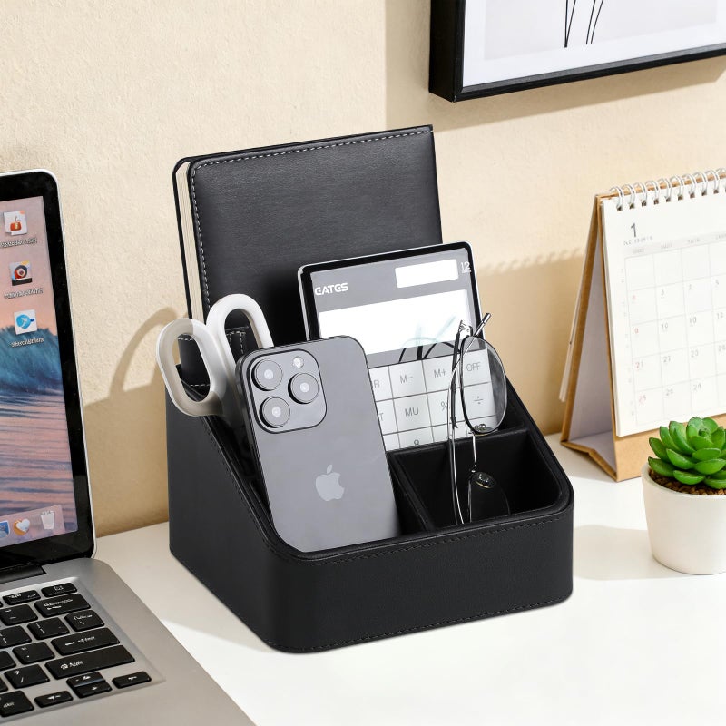 MEIBOOCH Remote Control Holder, PU Leather Small Desk Organizer with 4 Compartments, Nightstand Organizer Desk Caddy for Remote, Notepad, Phone, Glasses, and Accessories (Black) - Image 3