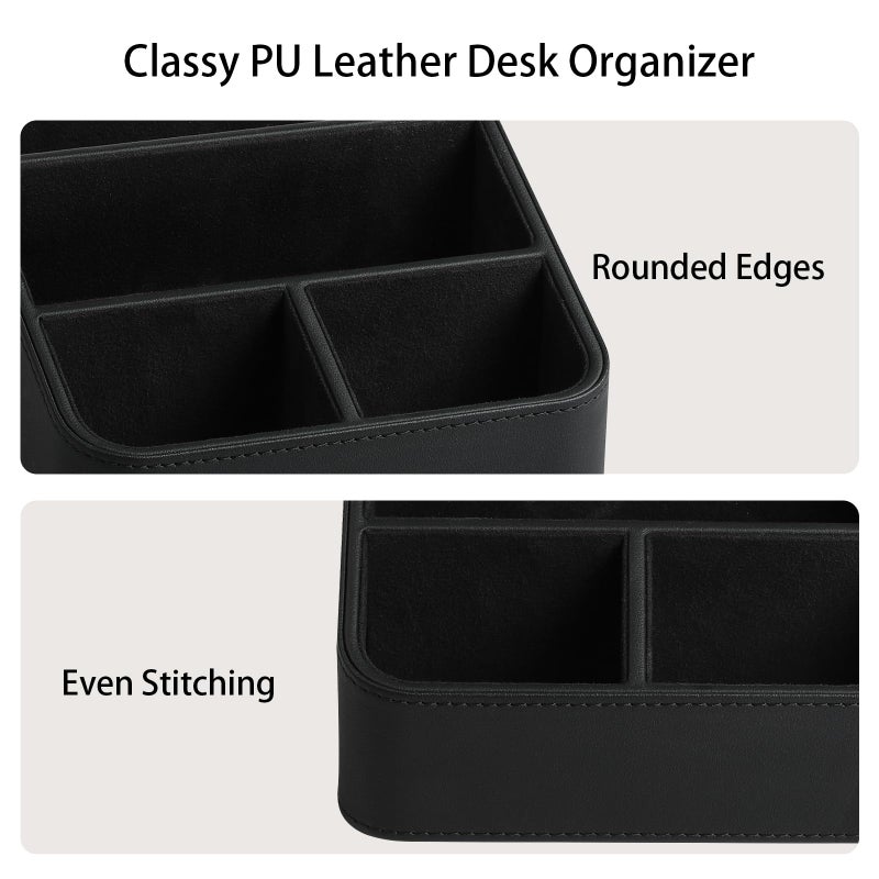 MEIBOOCH Remote Control Holder, PU Leather Small Desk Organizer with 4 Compartments, Nightstand Organizer Desk Caddy for Remote, Notepad, Phone, Glasses, and Accessories (Black) - Image 4