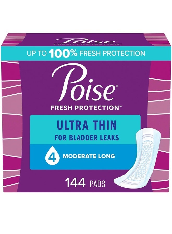 Poise وسادات سلس البول فائقة النحافة ووسادات سلس البول بعد الولادة، 4 قطرات امتصاص معتدل، طول طويل، 144 قطعة (3 عبوات من 48)، قد يختلف التعبئة - Image 1
