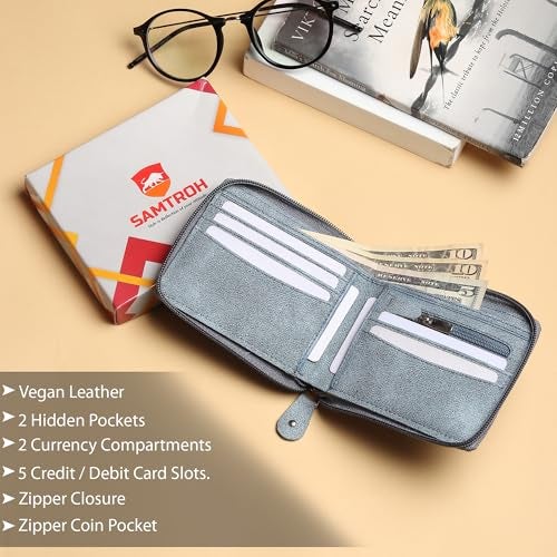 SAMTROH Men's Vegan Leather Zipper Wallet | Slim Bifold Wallet with 5 Card Slots, 2 Hidden Compartments, 1 Coin Pocket, 2 Cash Sections | Stylish Compact Wallet for Everyday Use Travel Office (Grey) - Image 3
