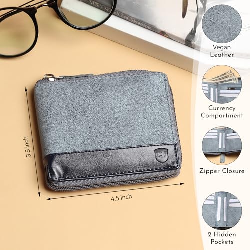 SAMTROH Men's Vegan Leather Zipper Wallet | Slim Bifold Wallet with 5 Card Slots, 2 Hidden Compartments, 1 Coin Pocket, 2 Cash Sections | Stylish Compact Wallet for Everyday Use Travel Office (Grey) - Image 4