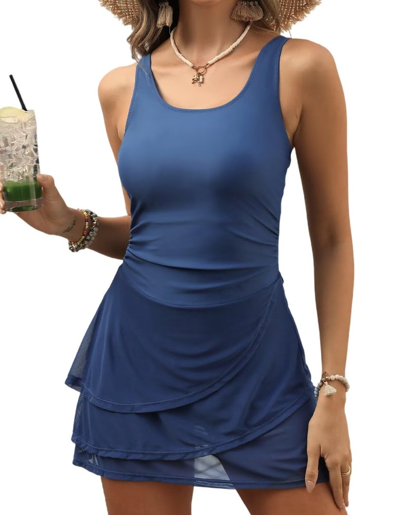 CiCiBird Women One Piece Tummy Control Swimsuit Modest Swim Dress Bathing Suit Skirt Swimwear Blue XL - Image 1