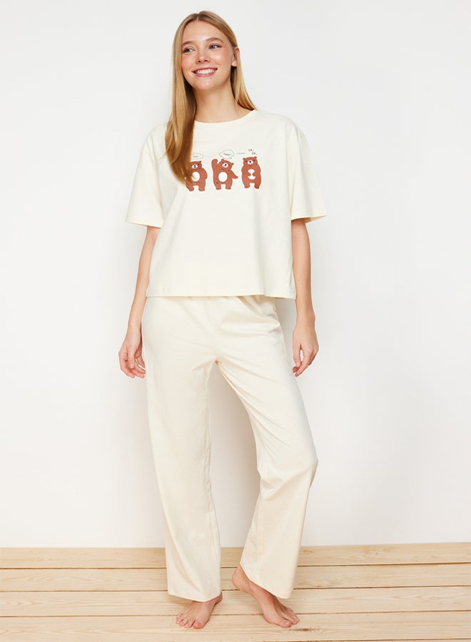 trendyol Beige 100% Cotton Teddy Bear T-shirt-Pants Knitted Pajama Set THMSS23PT00134 - Image 4