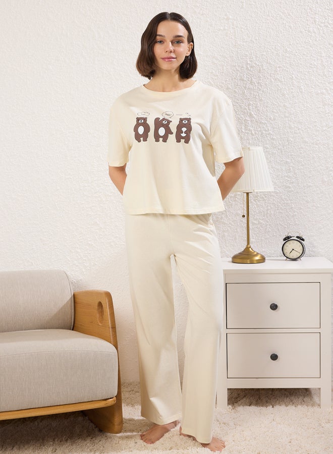 trendyol Beige 100% Cotton Teddy Bear T-shirt-Pants Knitted Pajama Set THMSS23PT00134 - Image 1