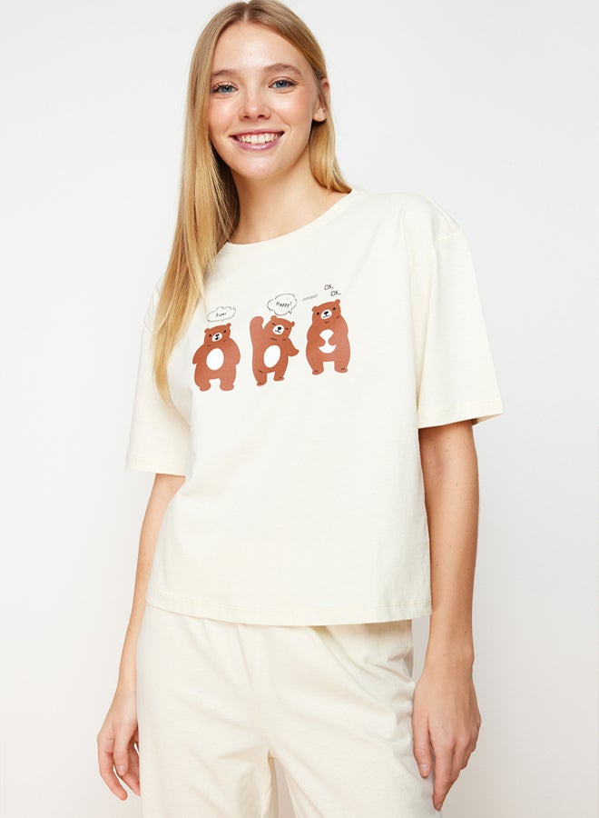 trendyol Beige 100% Cotton Teddy Bear T-shirt-Pants Knitted Pajama Set THMSS23PT00134 - Image 5