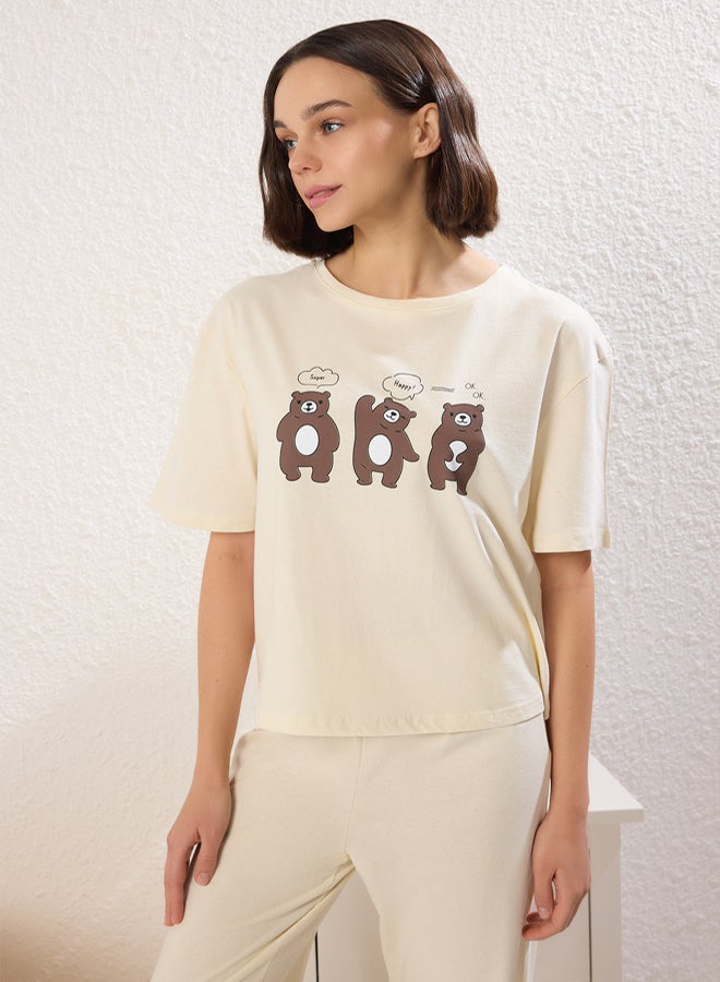 trendyol Beige 100% Cotton Teddy Bear T-shirt-Pants Knitted Pajama Set THMSS23PT00134 - Image 3