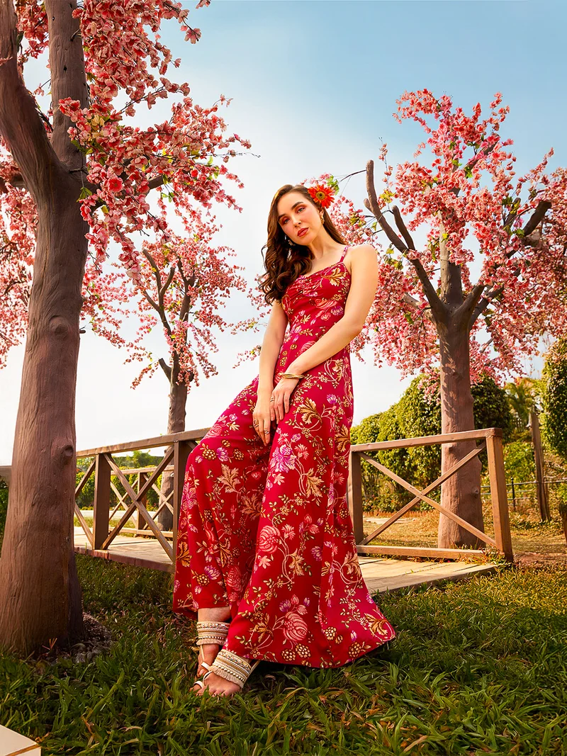 جلو باص Women Sweetheart Neck Strappy Shoulder Floral Print Ruched Fusion Jumpsuit