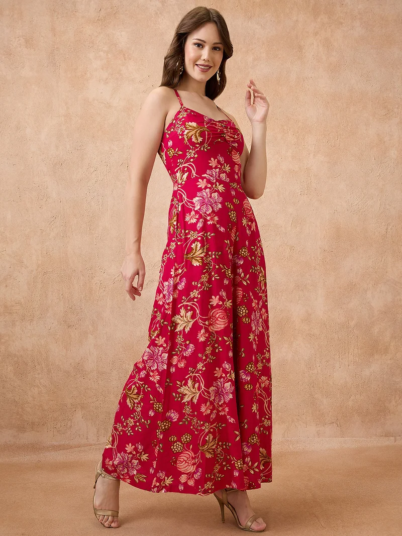 جلو باص Women Sweetheart Neck Strappy Shoulder Floral Print Ruched Fusion Jumpsuit