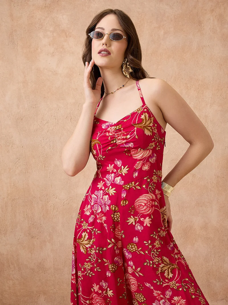 جلو باص Women Sweetheart Neck Strappy Shoulder Floral Print Ruched Fusion Jumpsuit
